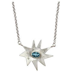 Emily Kuvin Silver Organic Star Shape Necklace with Diamonds and Blue Topaz