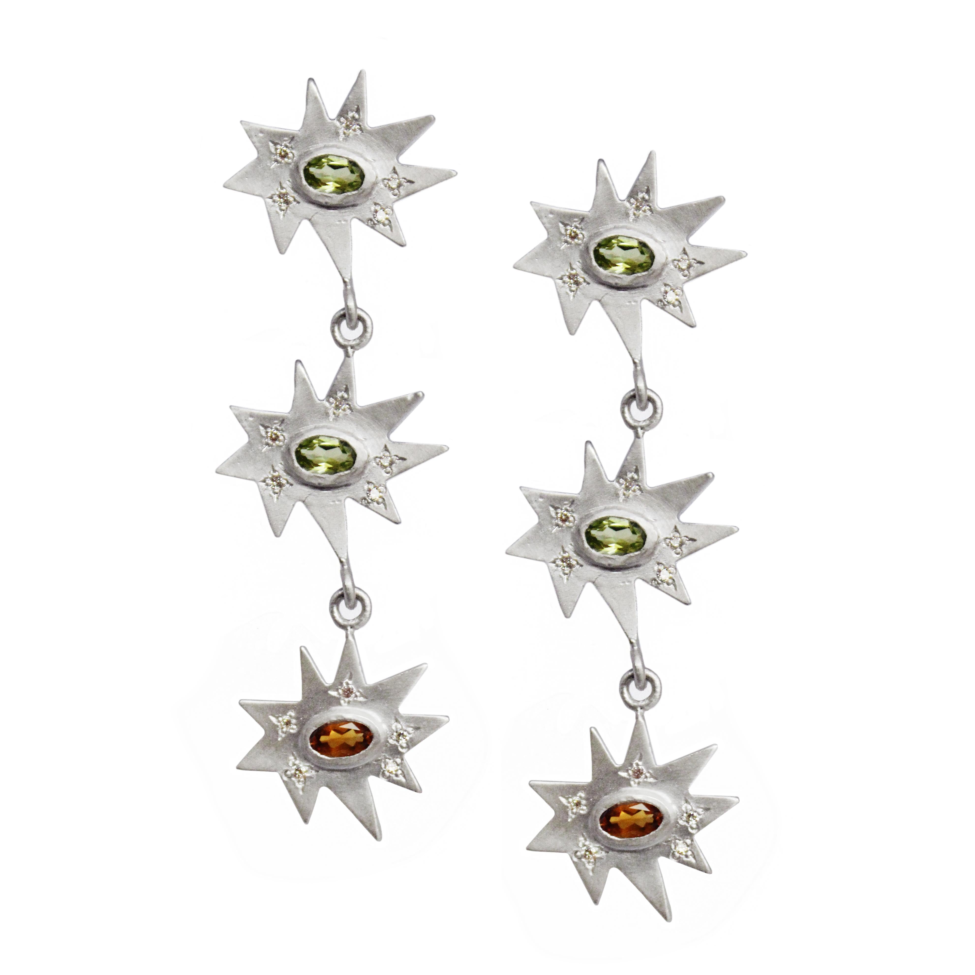 Oval Cut Emily Kuvin Silver Triple Star Shoulder Duster Earrings, Peridot and Citrine