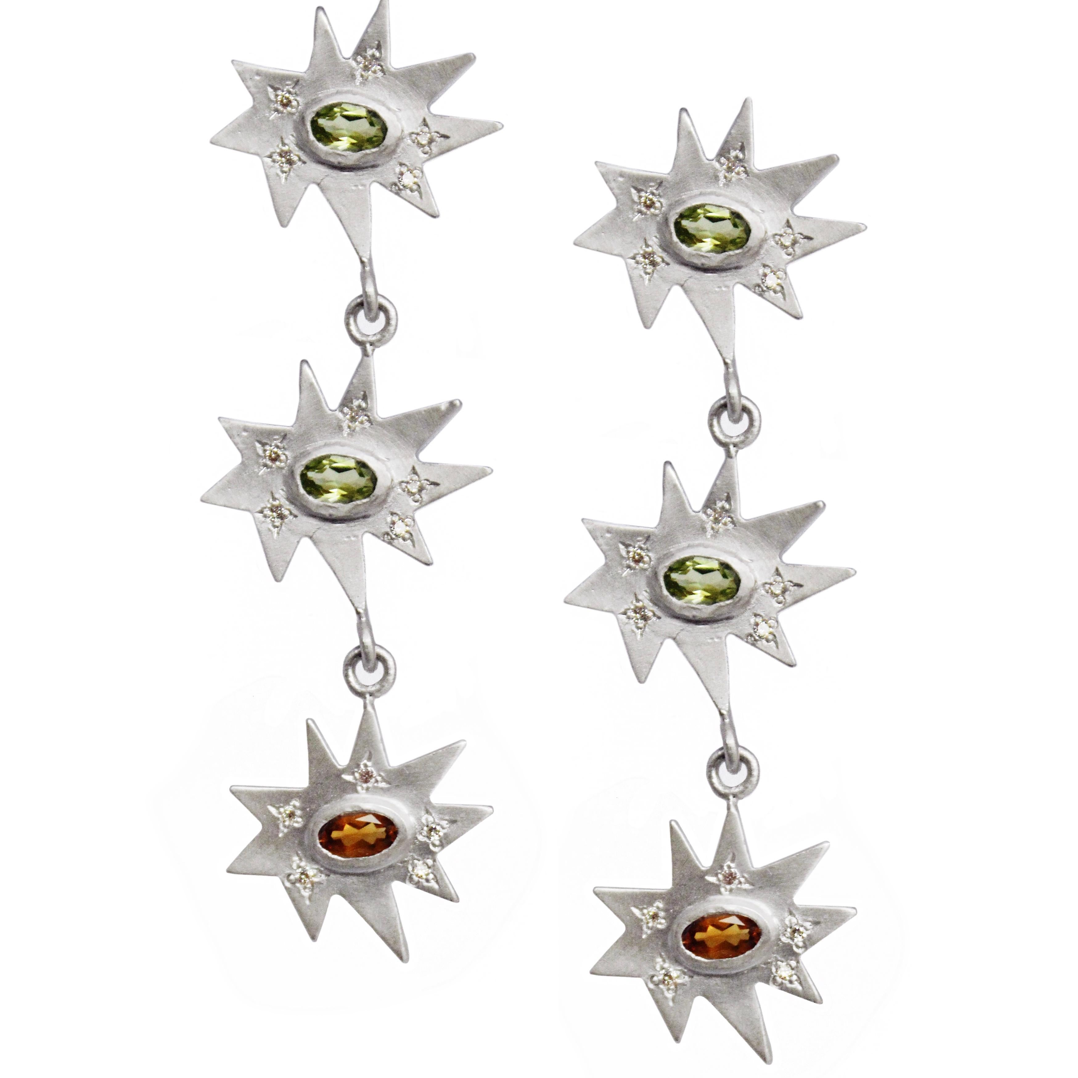 Emily Kuvin Silver Triple Star Shoulder Duster Earrings, Peridot and Citrine