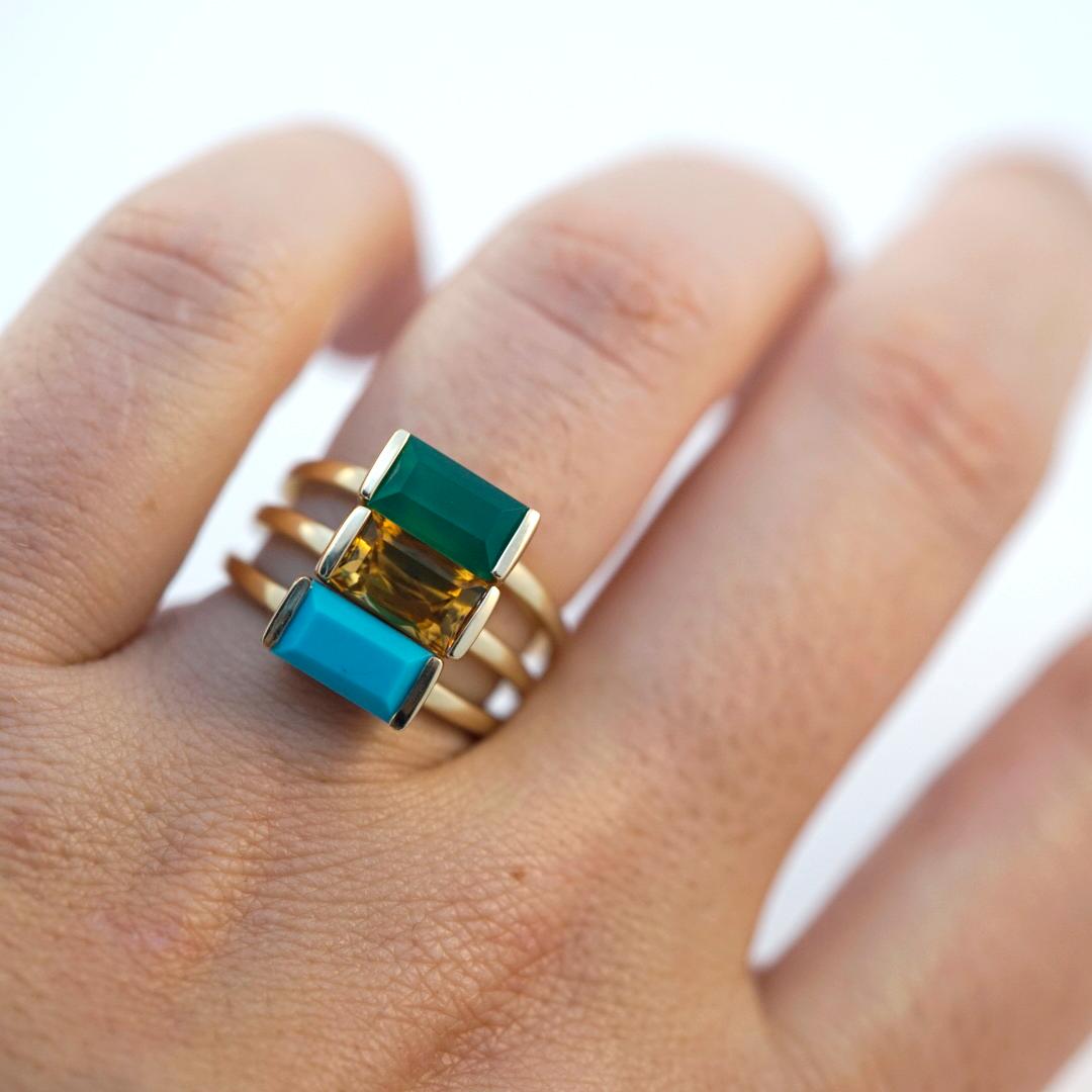 Contemporary Emily Kuvin Turquoise and 14 Karat Yellow Gold Ring For Sale