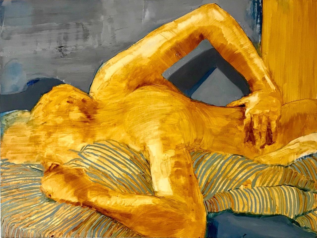 Emily LaCour Abstract Painting - Back Rub, abstracted figure, portrait of woman on bed, yellow painting