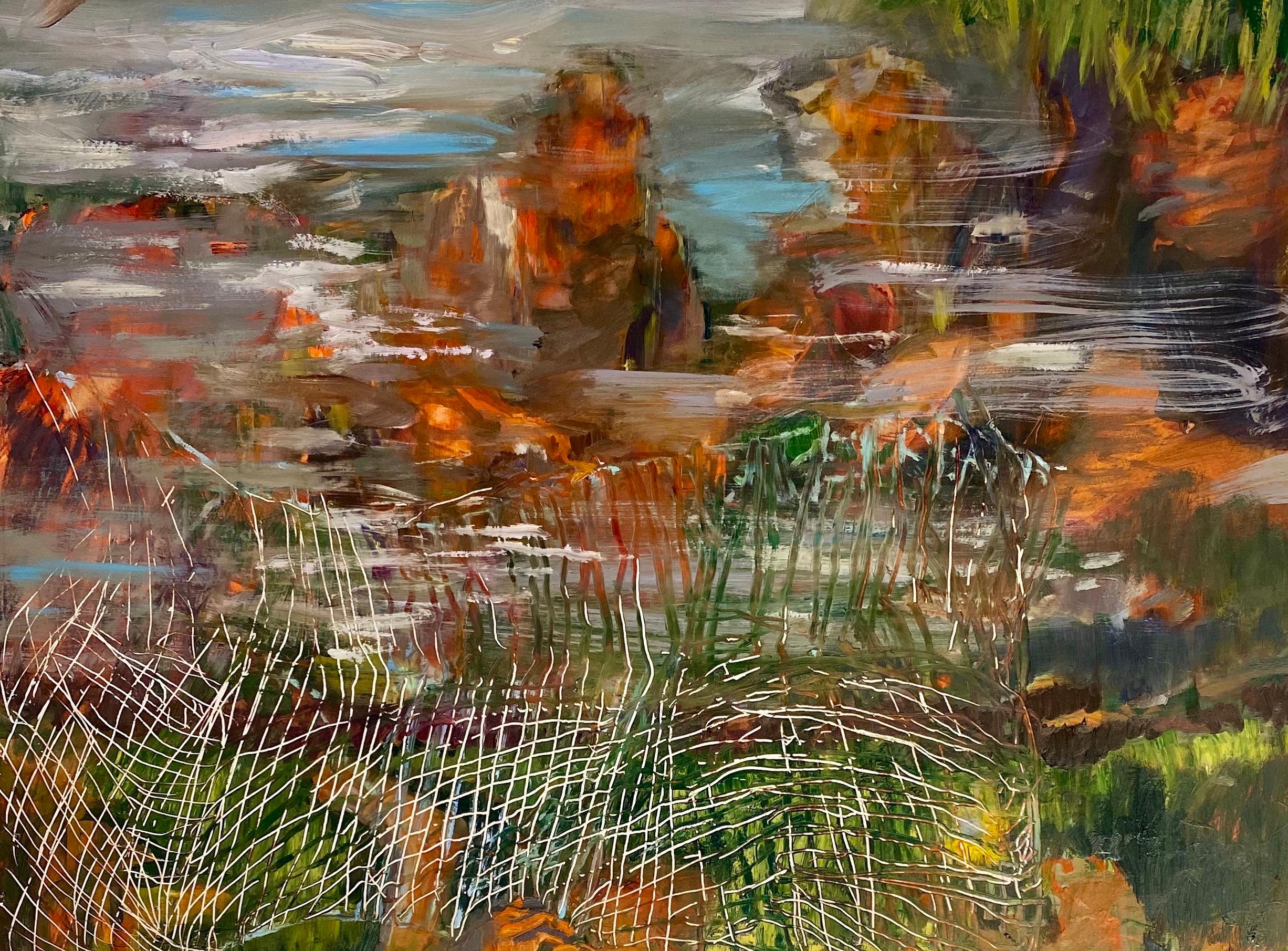 Fisherman, abstracted figure, oil painting on panel