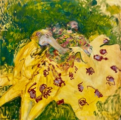 Lovers in the Garden, two abstracted figures in field, green and yellow