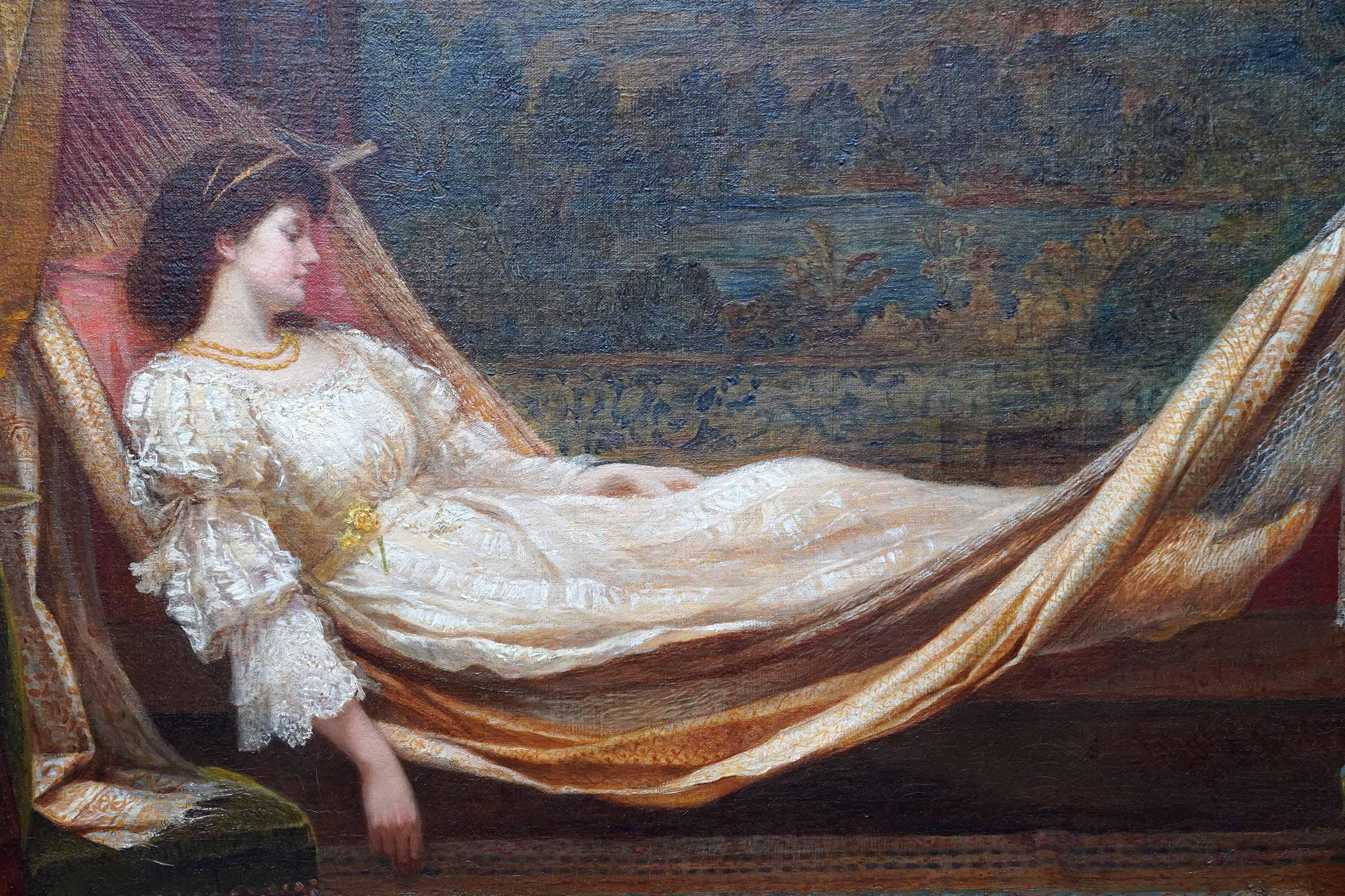 Golden Daydream - Retrato al óleo de arte prerrafaelita victoriano británico - Painting Prerrafaelita de Emily Mary Osborn