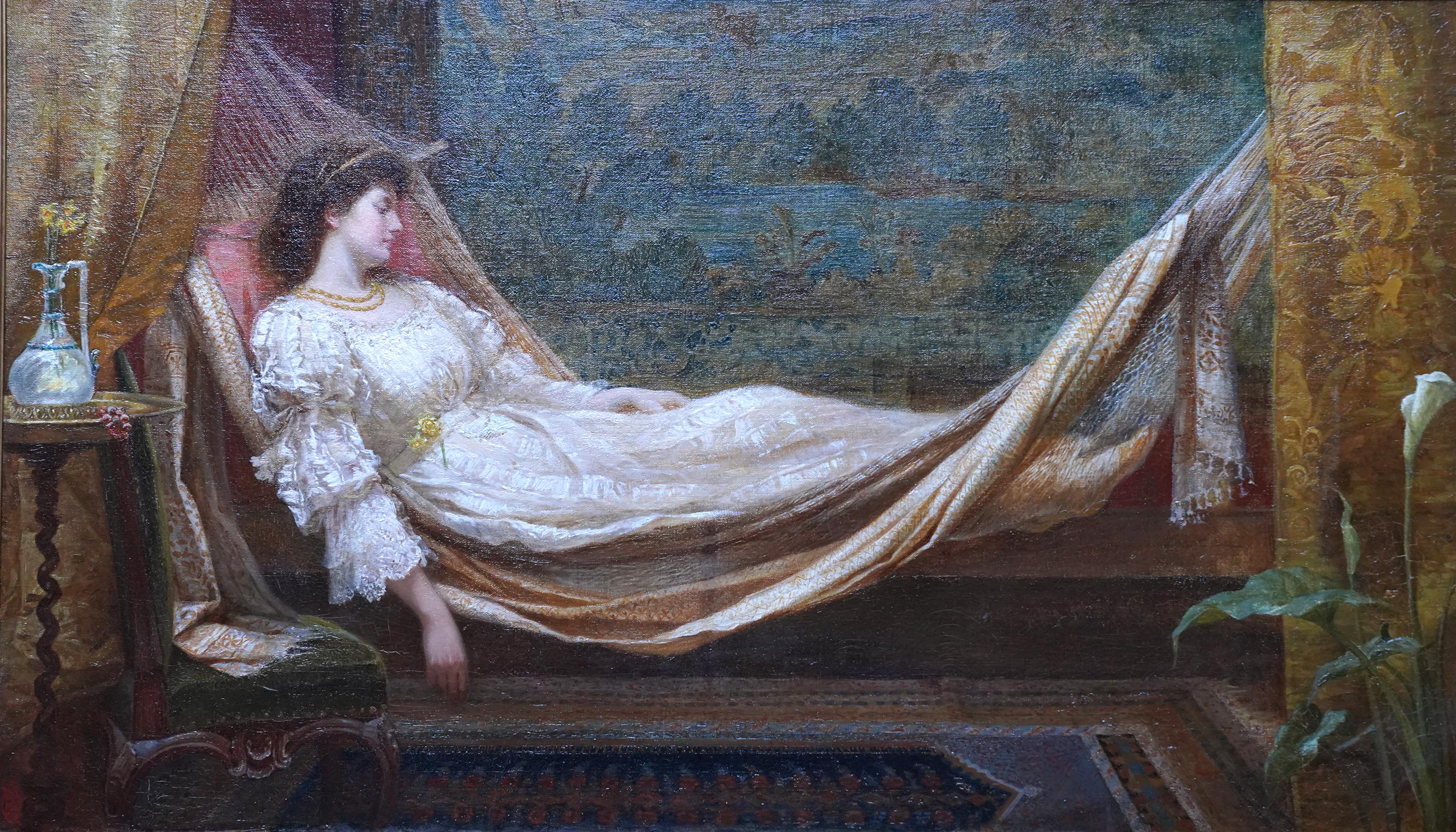 Golden Daydream – britisches viktorianisches, präraffaelitisches Porträt-Ölgemälde, Ölgemälde (Präraphaelismus), Painting, von Emily Mary Osborn