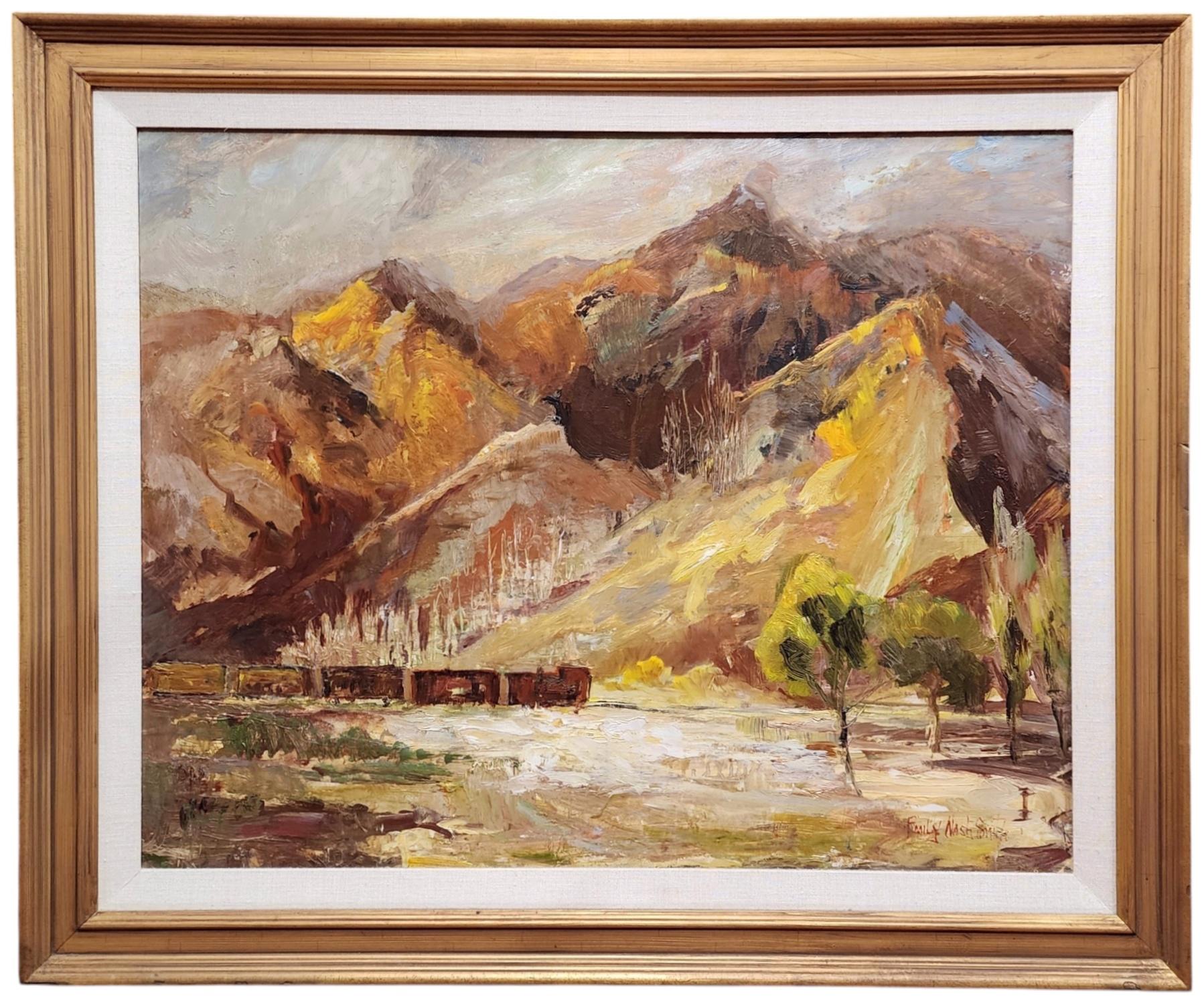 Treno merci solitario, Treno merci, Montagne Occidentali, Artista dell'Indiana/Michigan - Painting Impressionismo americano di Emily Nash Smith
