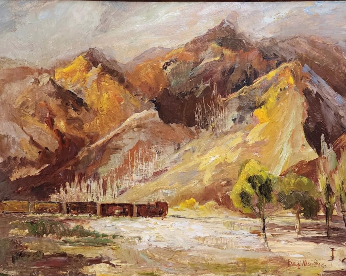 Treno merci solitario, Treno merci, Montagne Occidentali, Artista dell'Indiana/Michigan - Landscape Painting Marrone di Emily Nash Smith
