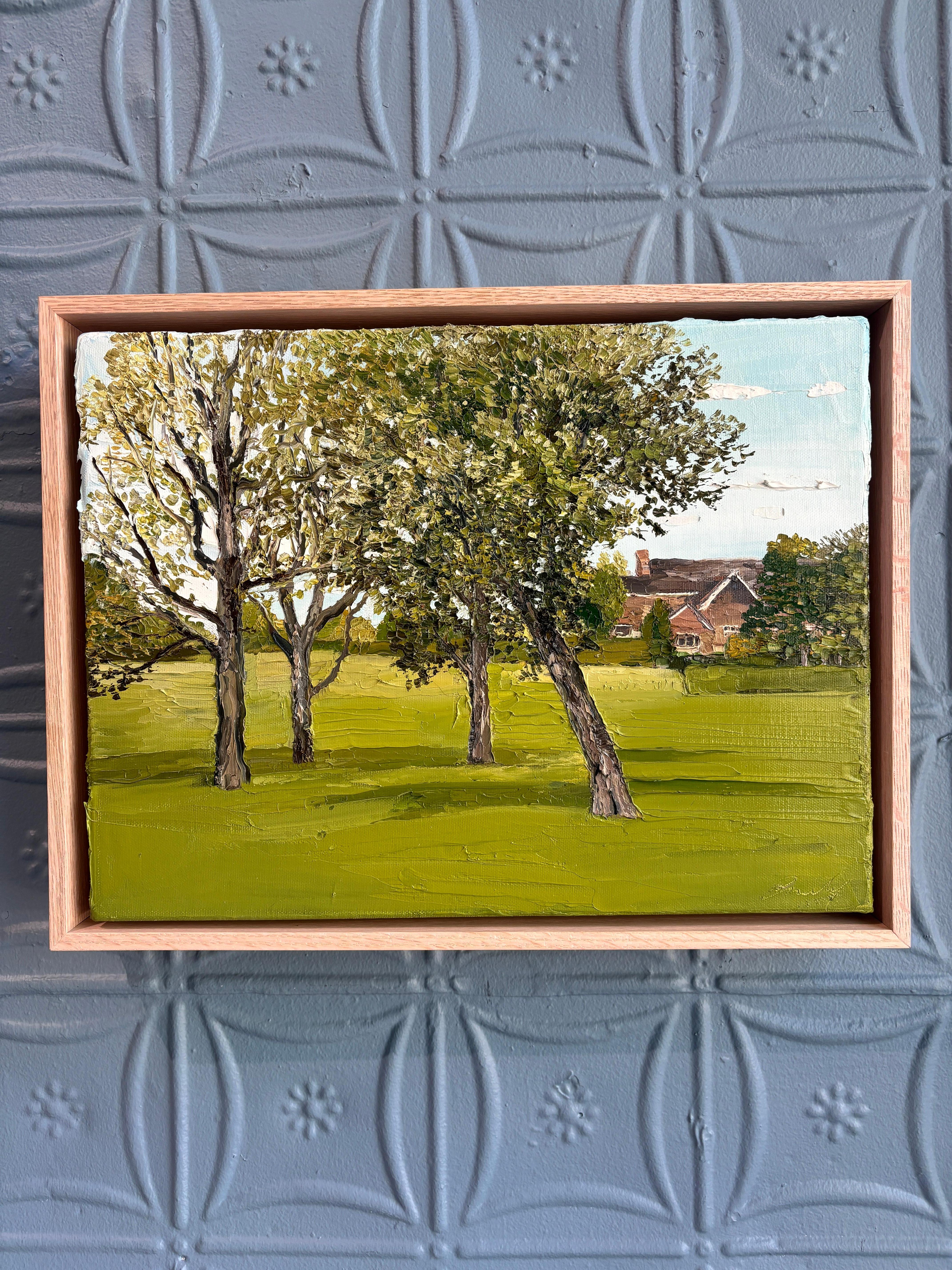 „A Family of Four On Cross Highway“ Impasto-Ölgemälde von Bäumen in Landschaft – Painting von Emily Persson