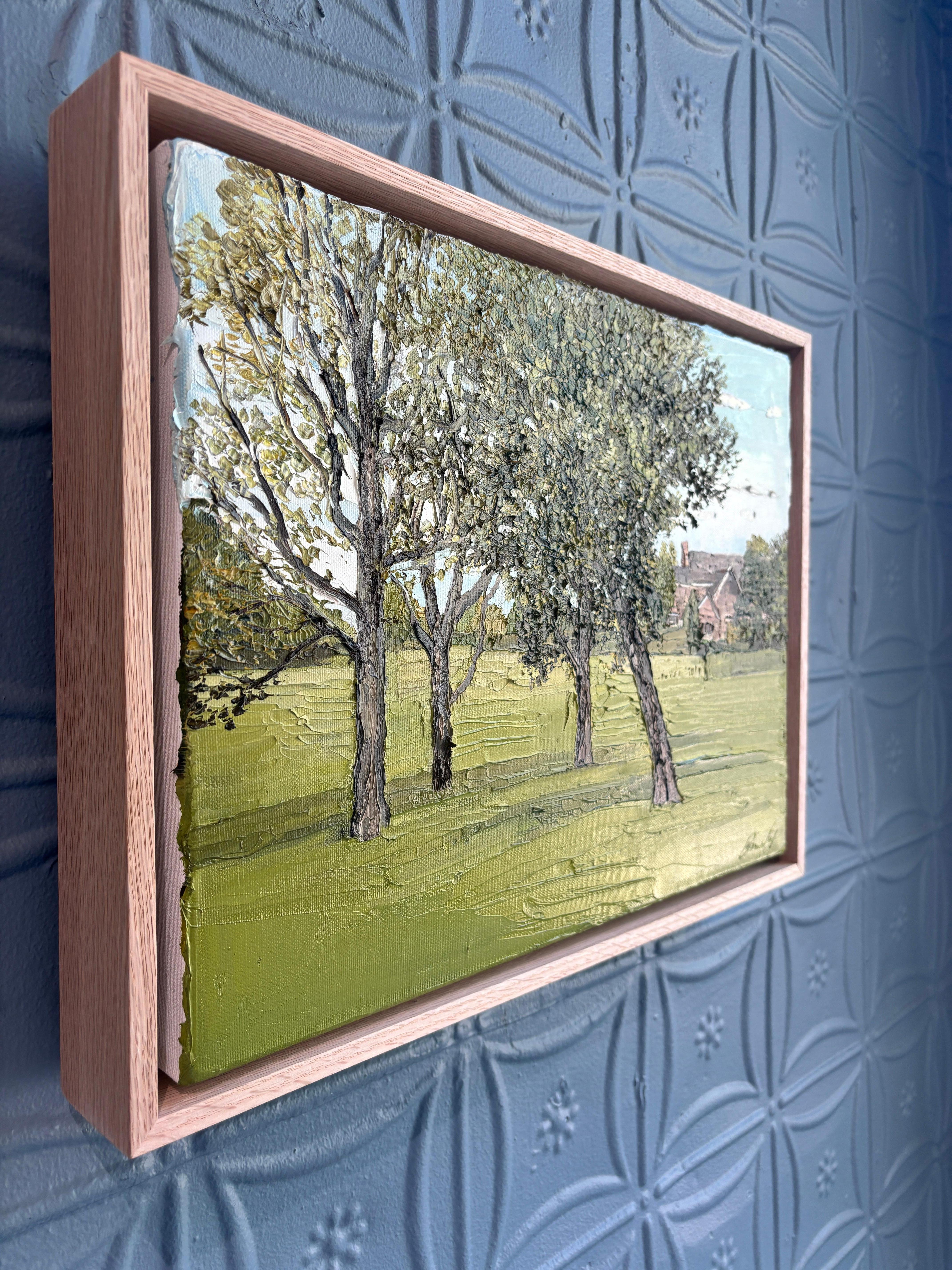 „A Family of Four On Cross Highway“ Impasto-Ölgemälde von Bäumen in Landschaft (Braun), Still-Life Painting, von Emily Persson