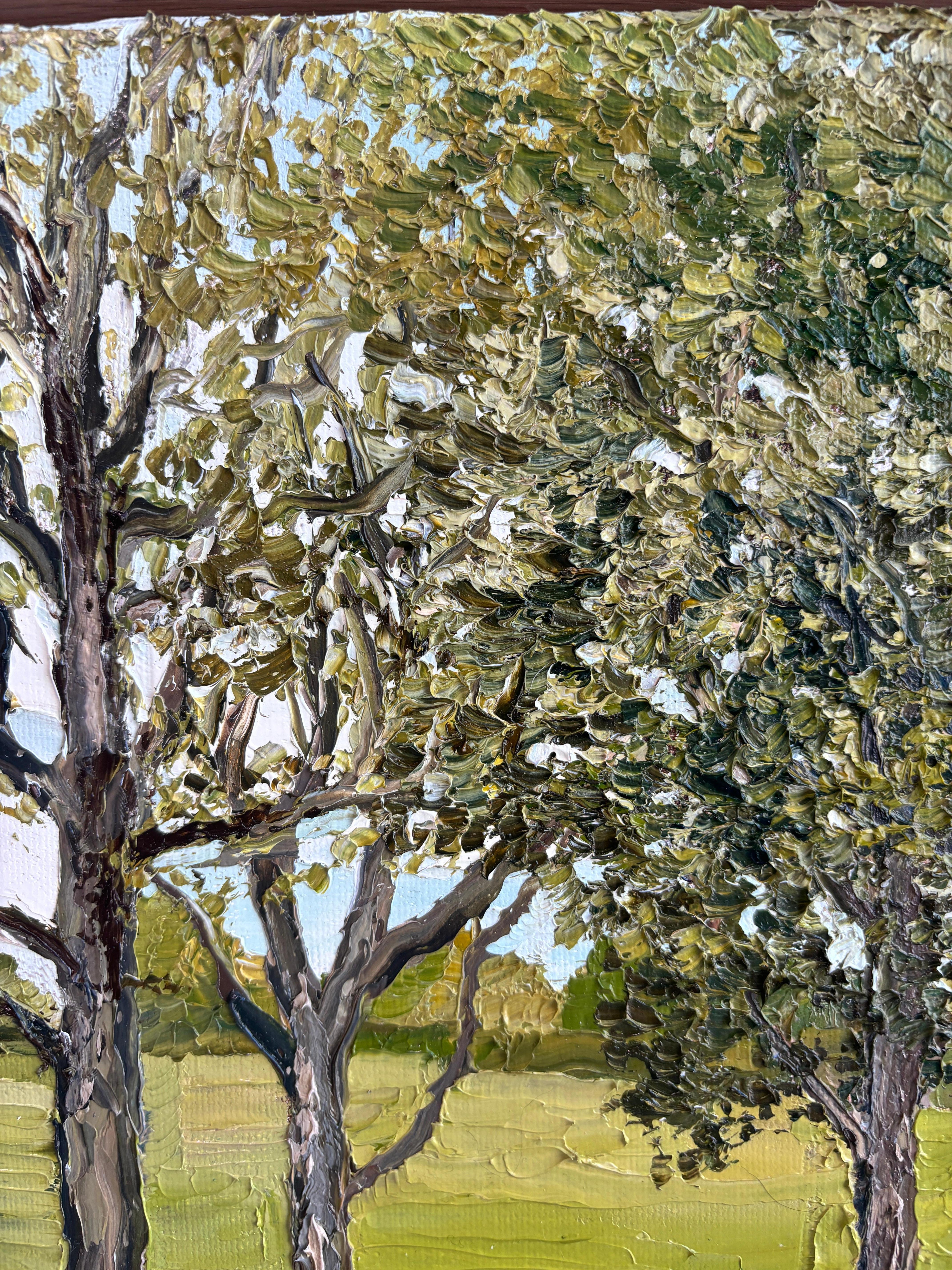„A Family of Four On Cross Highway“ Impasto-Ölgemälde von Bäumen in Landschaft im Angebot 1
