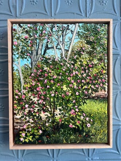 "Blue Skies and Pink Camellias" contemporary impressionist impasto garden scene