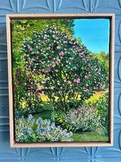 "Climbing Roses and Winding Paths" oil painting, impressionist garden scene, sky