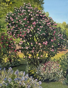 "Climbing Roses and Winding Paths" oil painting, impressionist garden scene, sky
