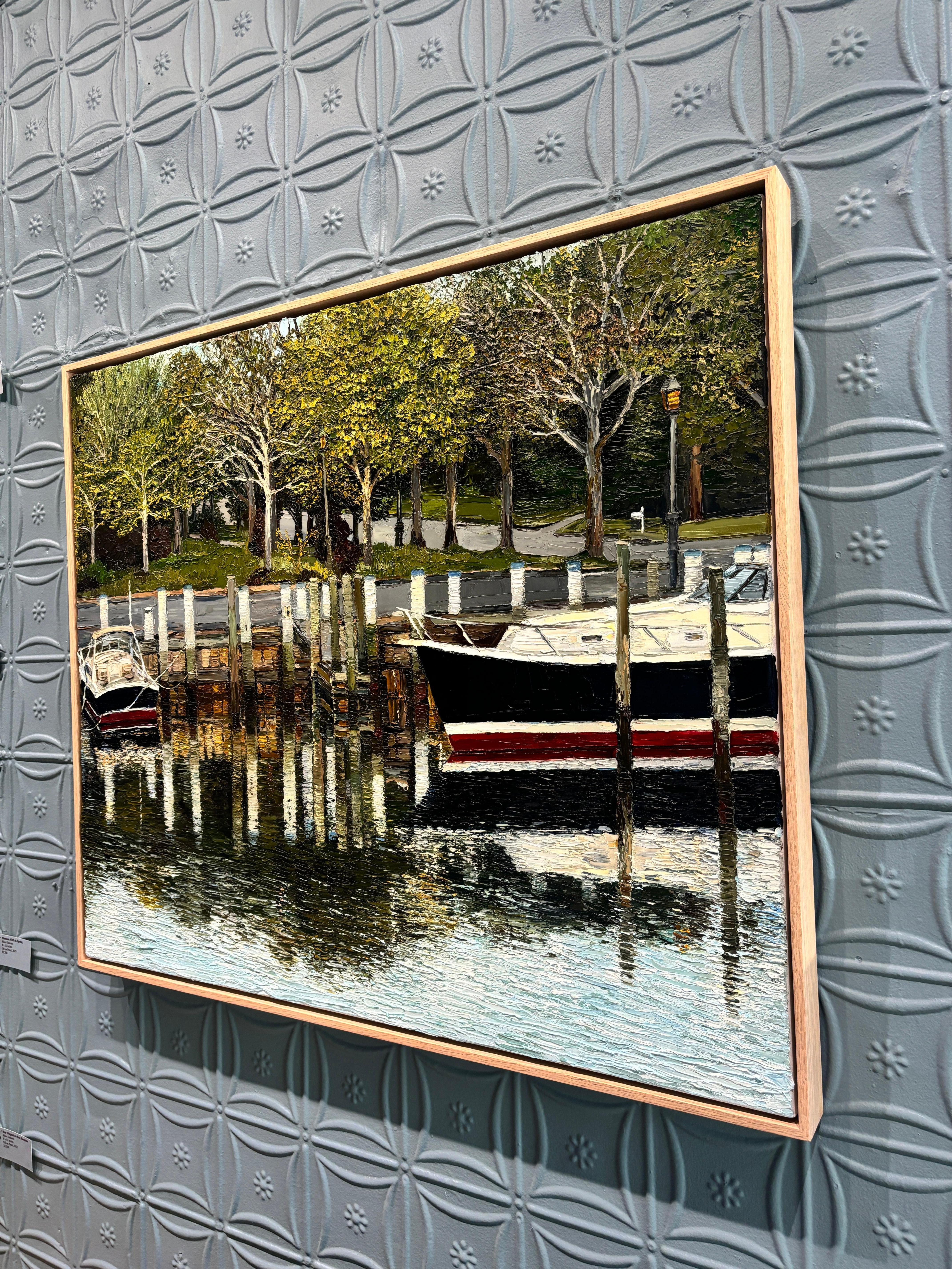 „Dusk Walk Along Marine Park Drive“, Ölgemälde, Boote im Hafen, gerahmt (Impressionismus), Painting, von Emily Persson