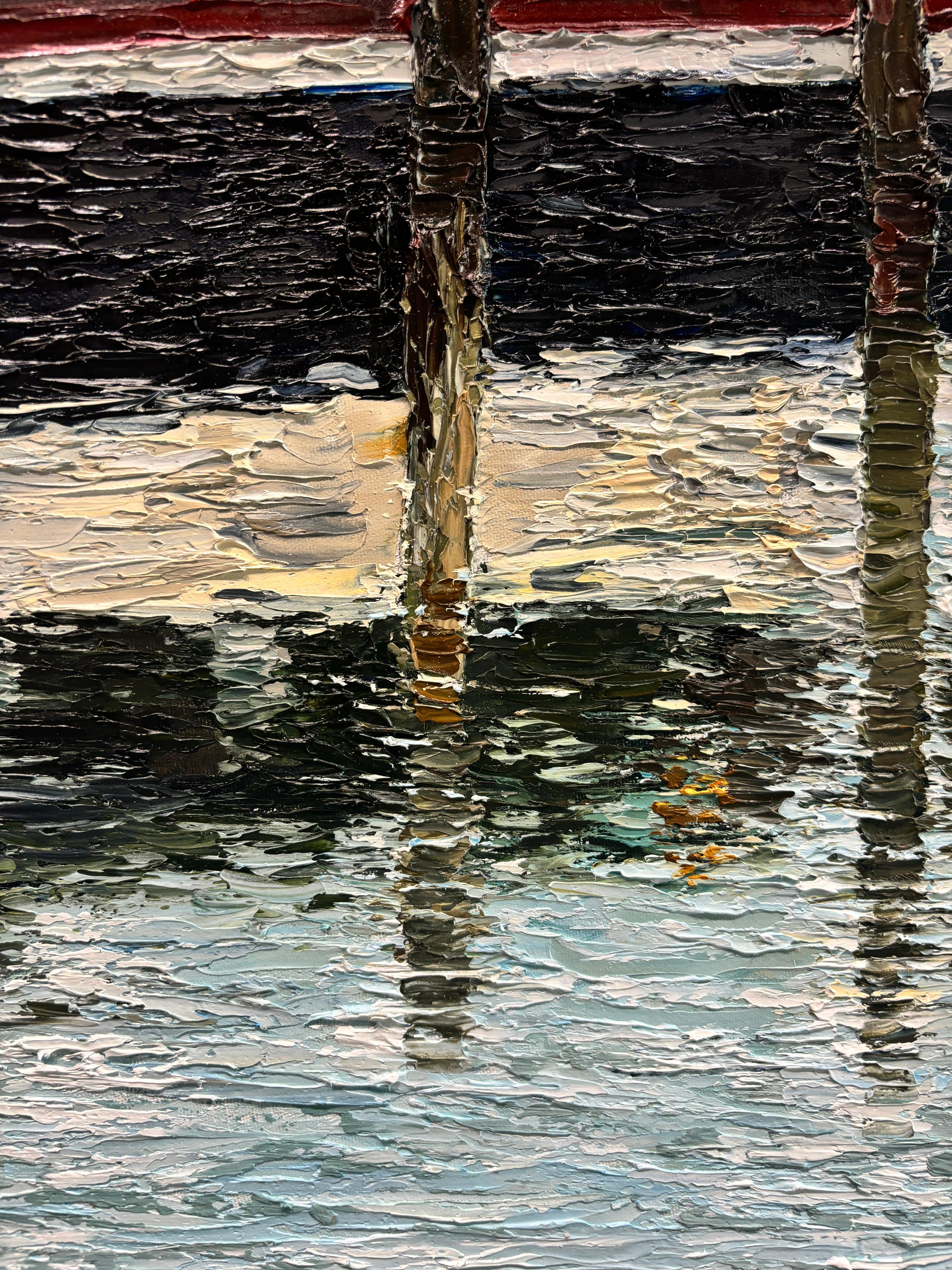 „Dusk Walk Along Marine Park Drive“, Ölgemälde, Boote im Hafen, gerahmt im Angebot 2