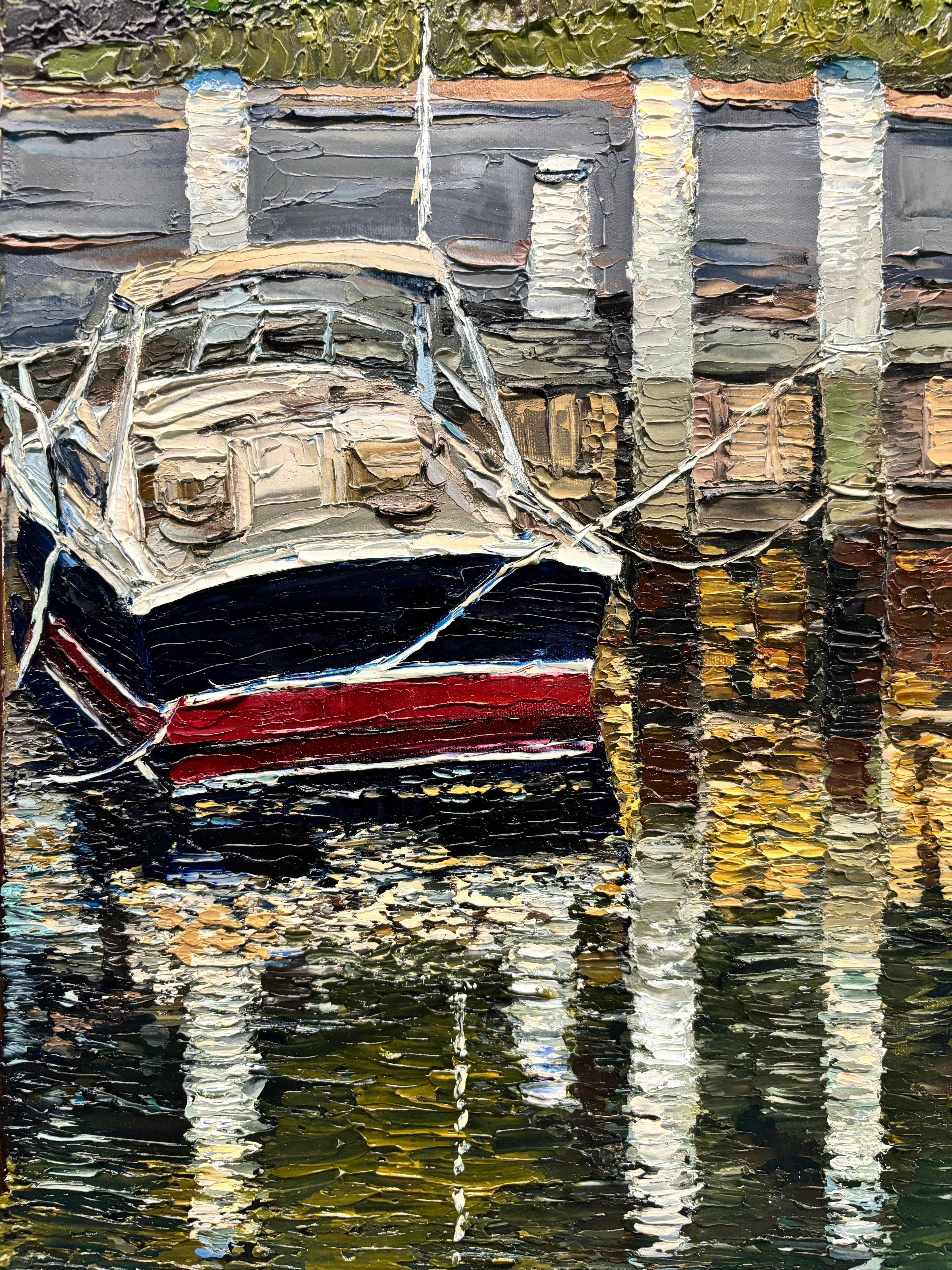 „Dusk Walk Along Marine Park Drive“, Ölgemälde, Boote im Hafen, gerahmt im Angebot 3