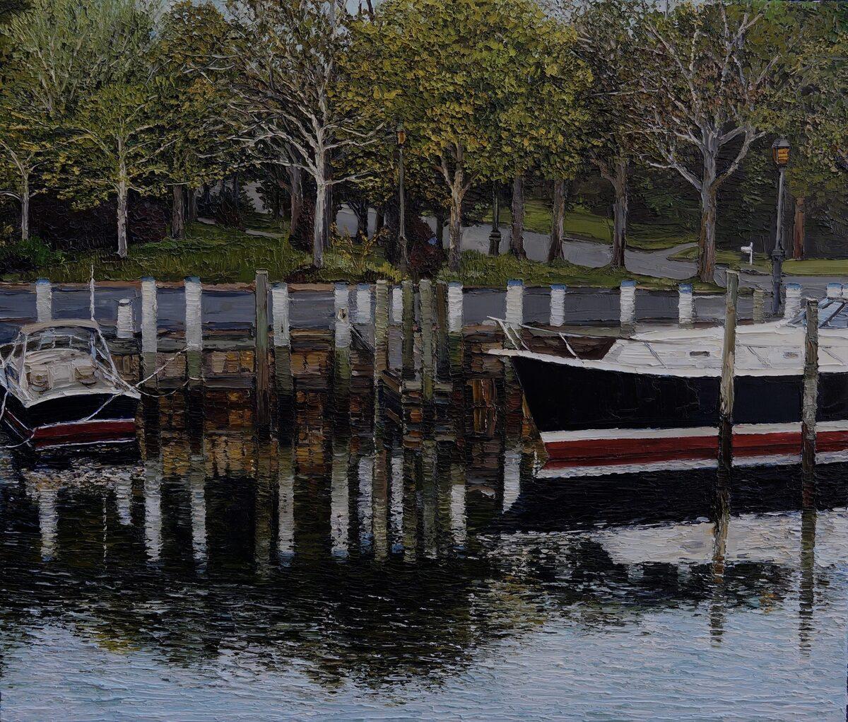 "Dusk Walk Along Marine Park Drive" oil painting, boats docked in harbor, framed