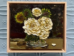 "Girasoles y rosas arrancados" óleo, bodegón floral, enmarcado, 10x12in