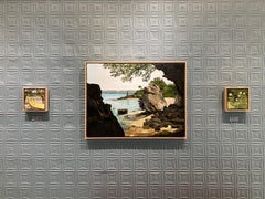 "Romance Cove" contemporary landscape of shady beach & light blue water, framed