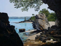 "Romance Cove" contemporary landscape of shady beach & light blue water