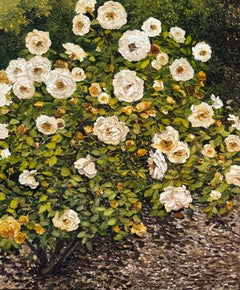 "Seidige Blütenblätter und Sonnenlicht" Ölgemälde, Rosenstrauch, gerahmt