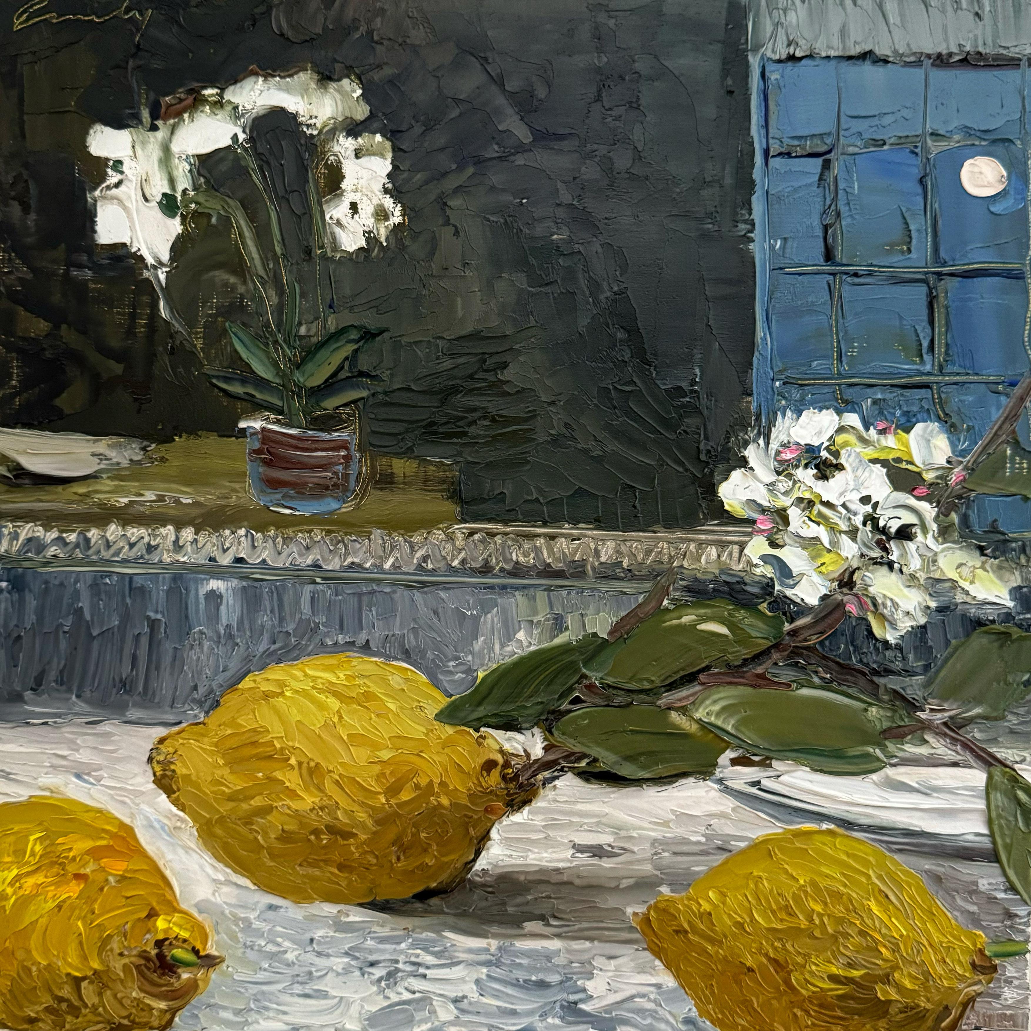 Emily Persson Abstract Painting - "Three Lemons and the Last Supermoon" bright impasto still life oil painting