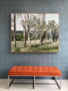 "Línea de árboles sublime" pintura contemporánea al óleo empastada de un oscuro paisaje forestal