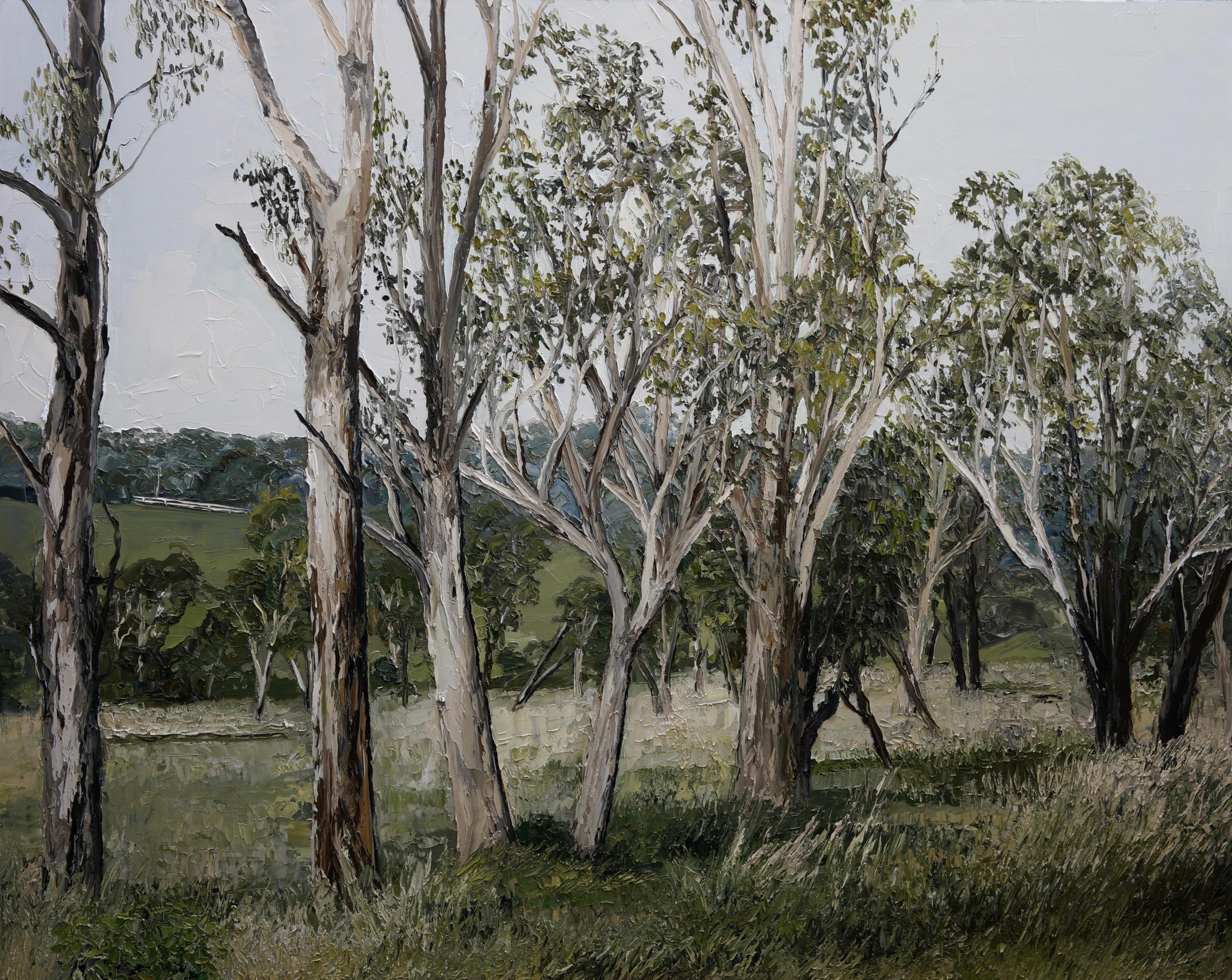 Abstract Painting di Emily Persson - "Tree Line Sublime" pittura ad olio contemporanea ad impasto di un paesaggio forestale scuro 