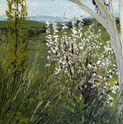 "White Blossoms and Green Grass" contemporary impressionist view of lush field 