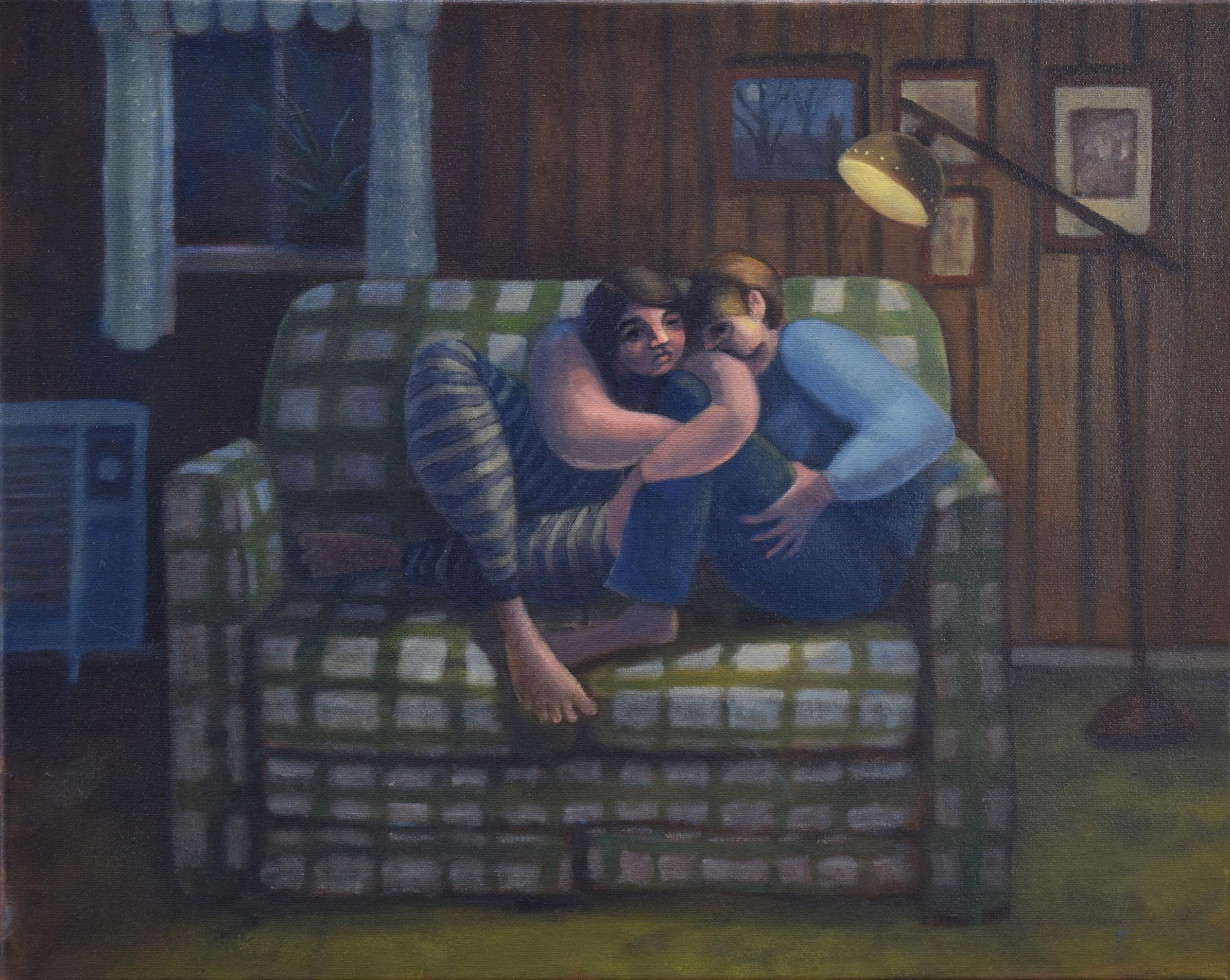 Our Green Checked Couch, is a painting by Emily Royer depicting two figures resting on each other in a dark wood paneled room with a single lamp lit. 