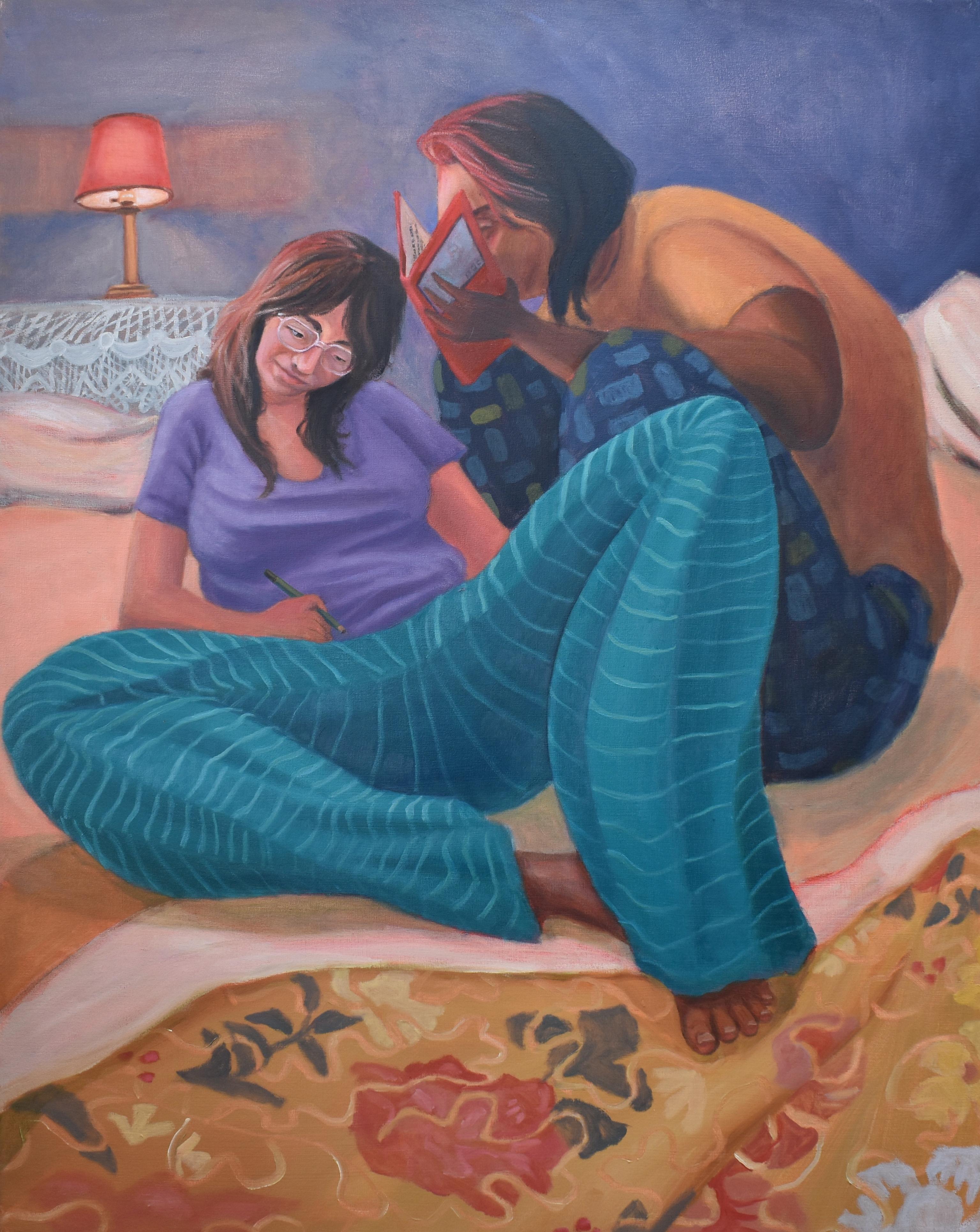 There is no Outside is a painting on canvas measuring 28 x 30 x 1.75 inches. This painting depicts two figures comfortably sharing space on a bed together, each ingrained in their own activity.  It is a moment of respite from the chaos of the