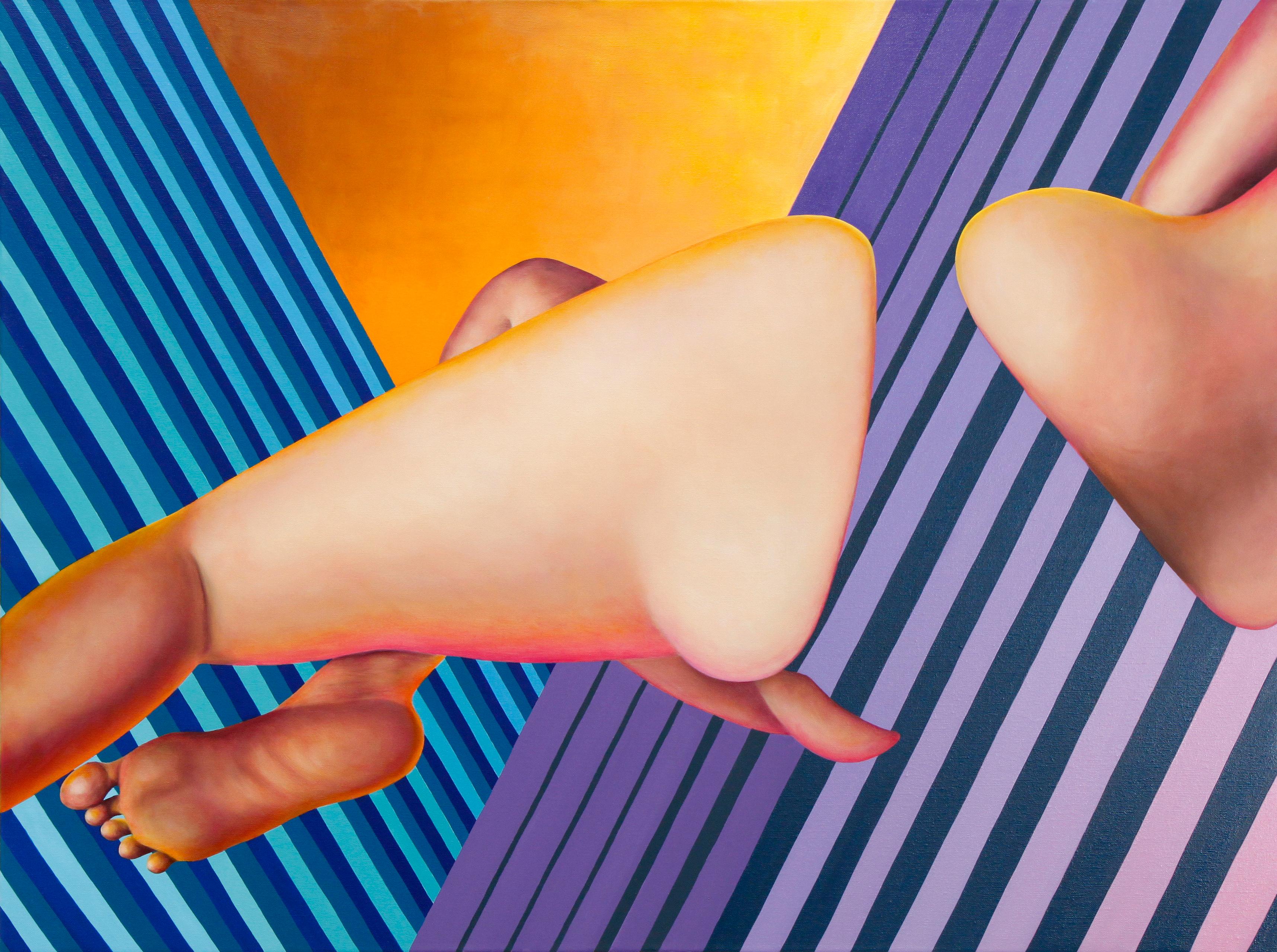 30"x40" oil on linen, signed on reverse by the artist. Emily Roz paints with a vibrant color palette.  A glowing golden orange yellow background reflects off the off the skin of a reclining female figure.  Alternating blue and violet stripes