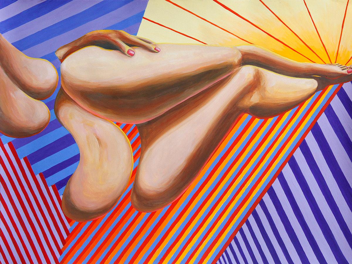 Emily Roz Nude Painting - "Lounger" Optical Art Contemporary Painting with Female Figure