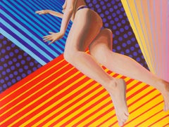 « Suspend », peinture d'art optique contemporain avec figure féminine