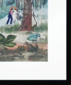 "Gone Fishing" Green and Blue Abstract Figurative Forest Landscape Painting