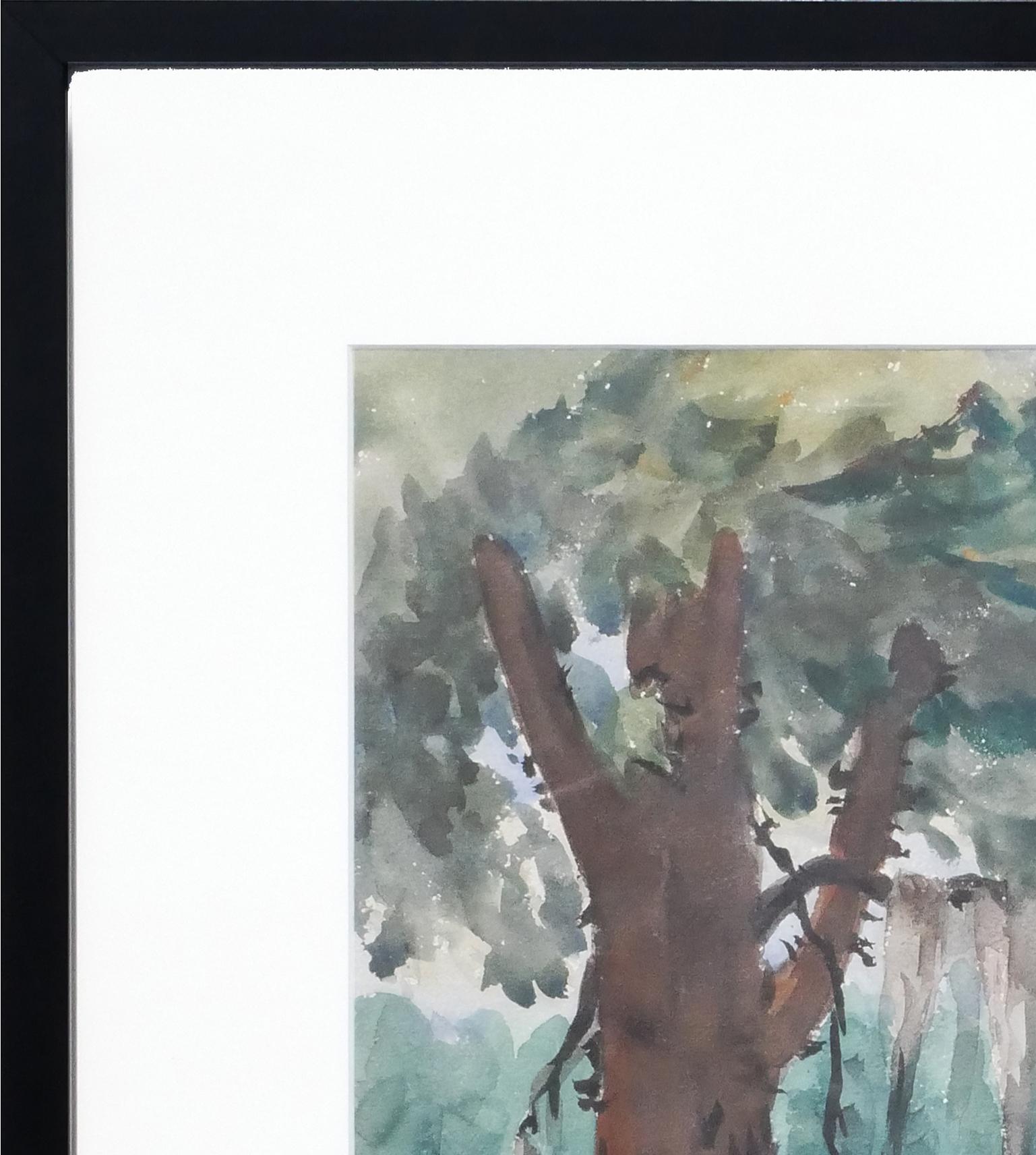 Paesaggio figurativo astratto verde e blu dell'artista texana Emily Rutland. Questo dipinto a tecnica mista raffigura una scena di foresta con due persone che pescano. Firmato dall'artista in basso a destra. Incorniciato e opacizzato in una moderna