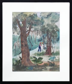 Vintage "Gone Fishing" Green and Blue Abstract Figurative Forest Landscape Painting