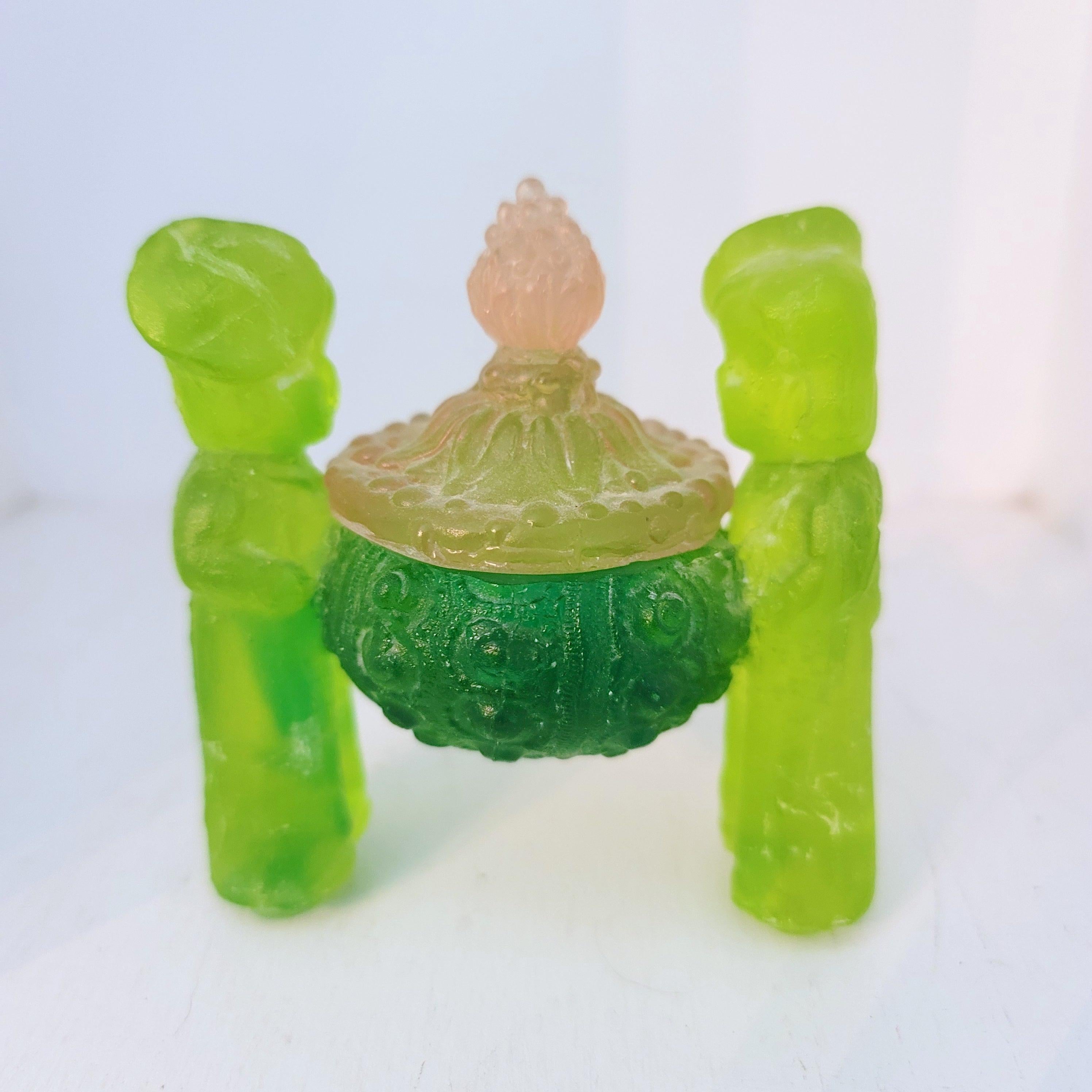 Emily Selvin Figurative Sculpture - Sea Urchin Movers: green & pink glass sculpture w/ children, surrealism/pop art