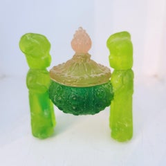 Sea Urchin Movers: green & pink glass sculpture w/ children, surrealism/pop art