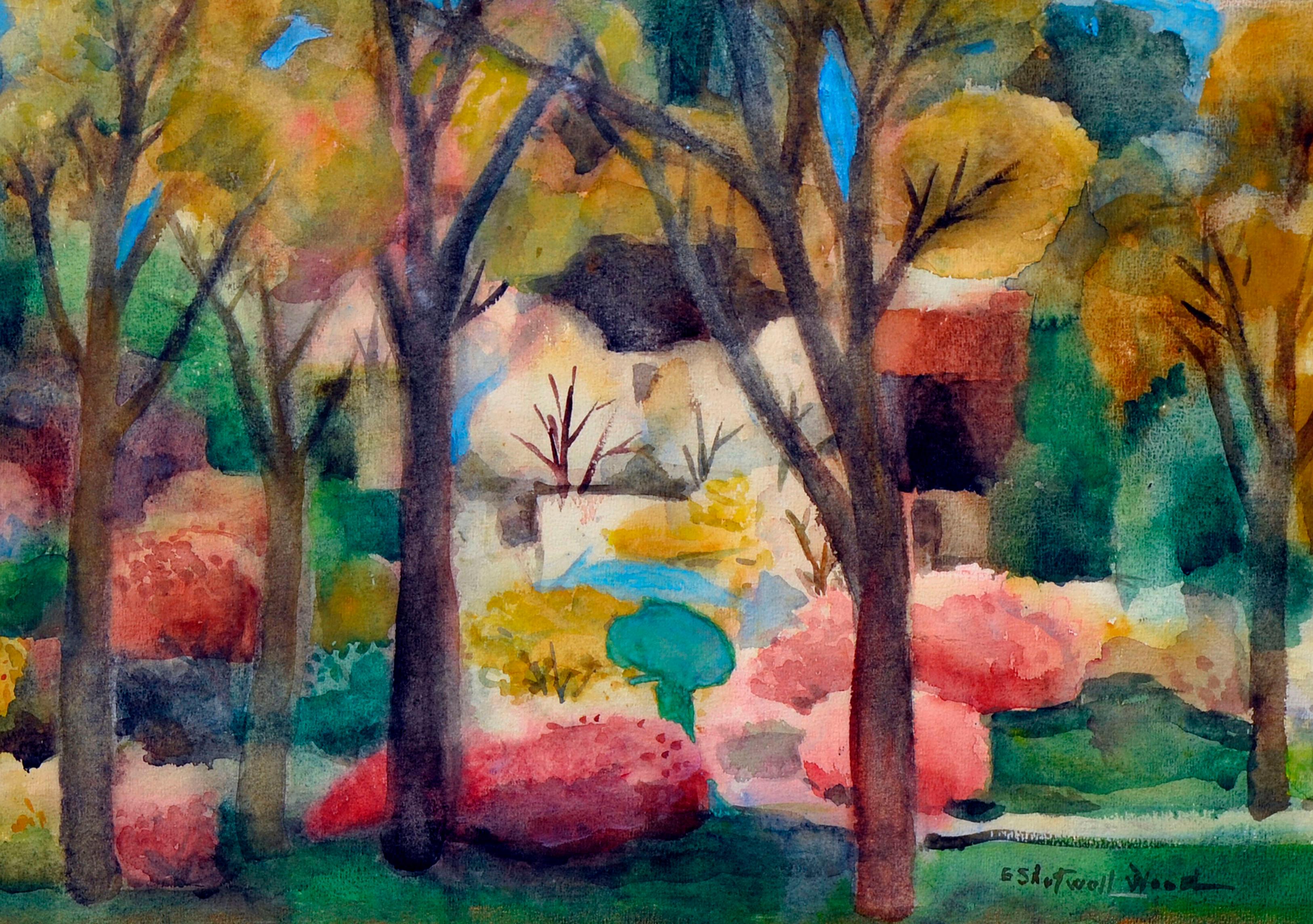 Bosque otoñal - Paisaje fauvista abstracto de mediados de siglo - Art de Emily Shotwell Goeller-Wood