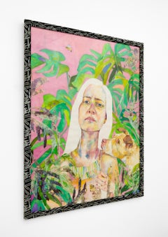 "COVID Self-Portrait", Woman with Dog in Tropical Setting Watercolor Painting