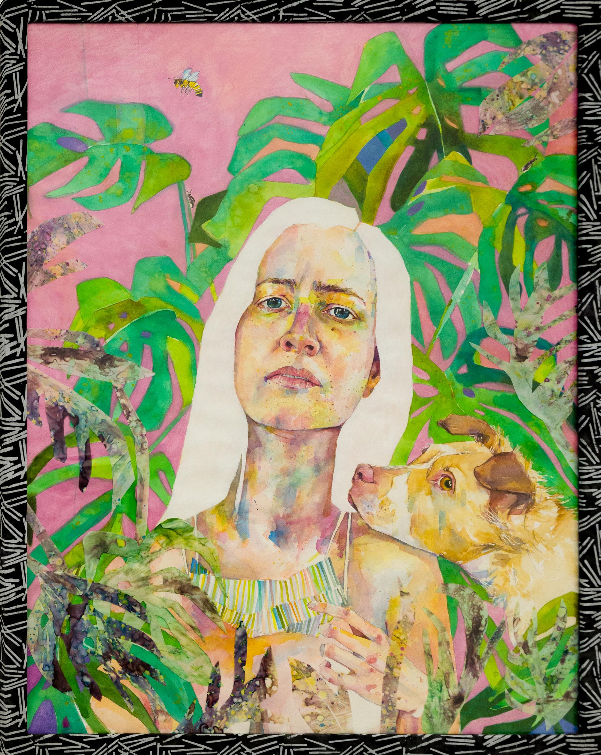 Portrait Painting di Emily Smith - "COVID Self-Portrait", Donna con cane in un ambiente tropicale, pittura ad acquerello