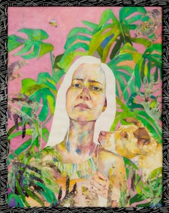 "COVID Self-Portrait", Woman with Dog in Tropical Setting Watercolor Painting