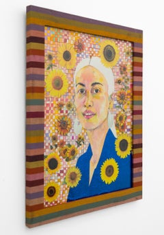 "Elena", Watercolor Portrait of a Woman Surrounded by Sunflowers Framed