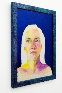 "Shelby", Portrait of a Woman with Blue Background Watercolor Framed