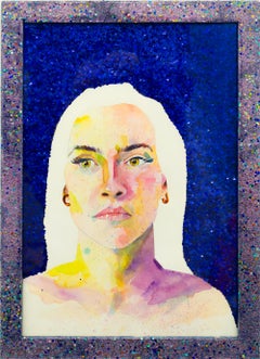 "Shelby", Portrait of a Woman with Blue Background Watercolor Framed