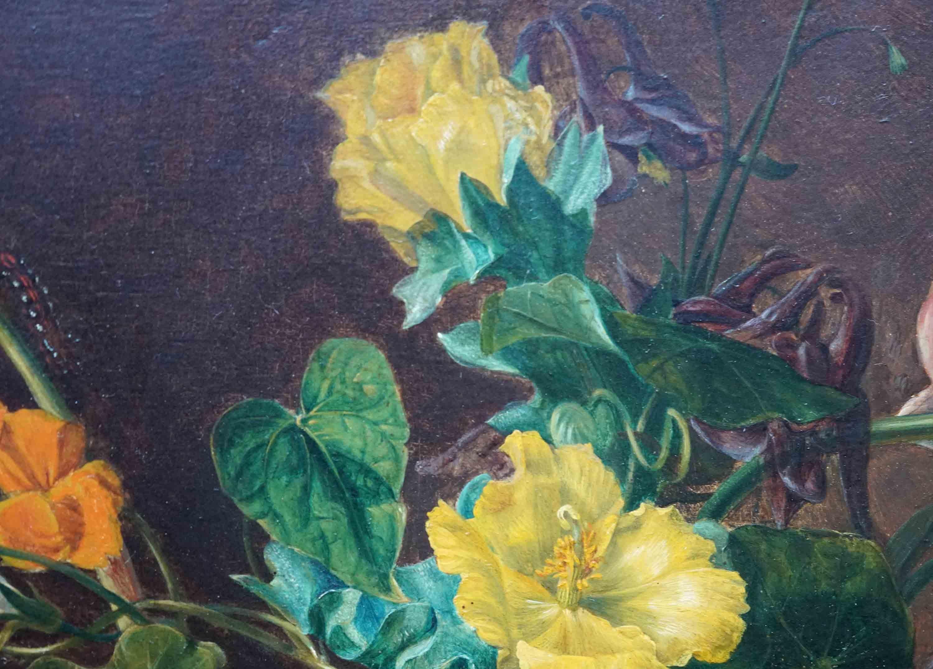 Stillleben mit Blumen auf Marmor Ledge – britisches Ölgemälde des 19. Jahrhunderts im Angebot 6