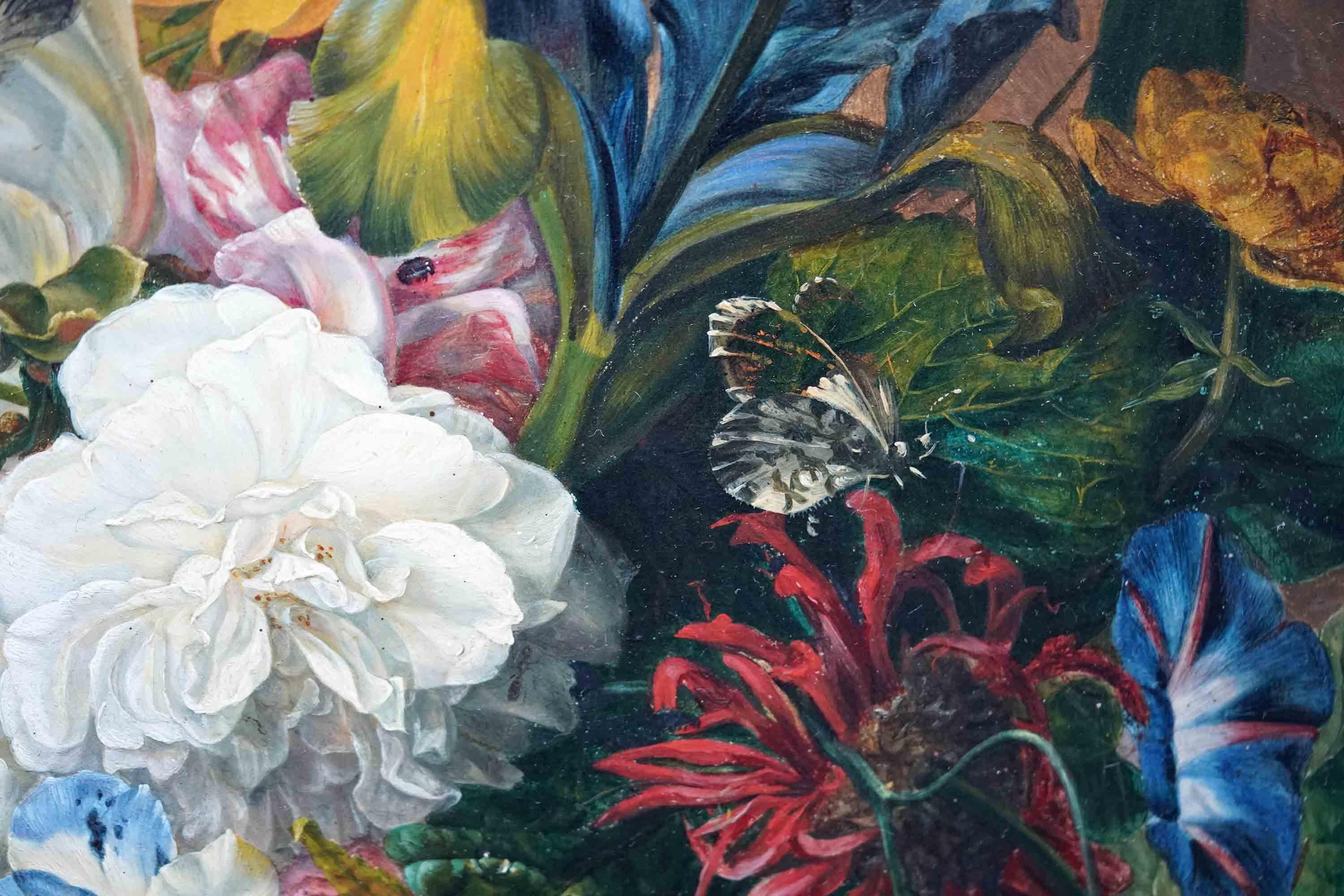 Stillleben mit Blumen auf Marmor Ledge – britisches Ölgemälde des 19. Jahrhunderts im Angebot 7