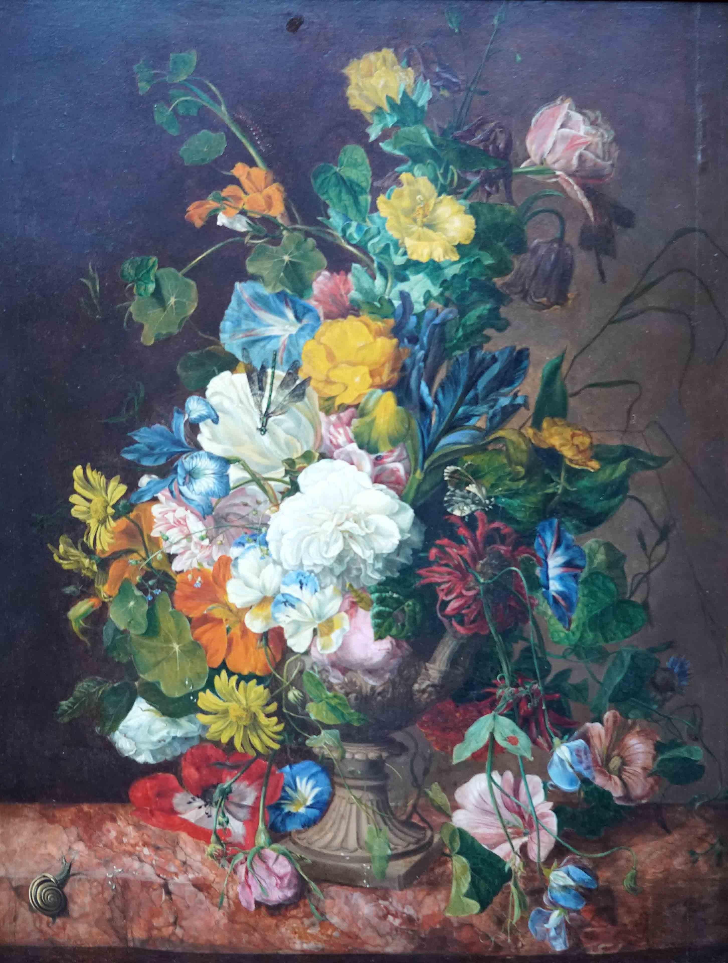 Stillleben mit Blumen auf Marmor Ledge – britisches Ölgemälde des 19. Jahrhunderts – Painting von Emily Stannard