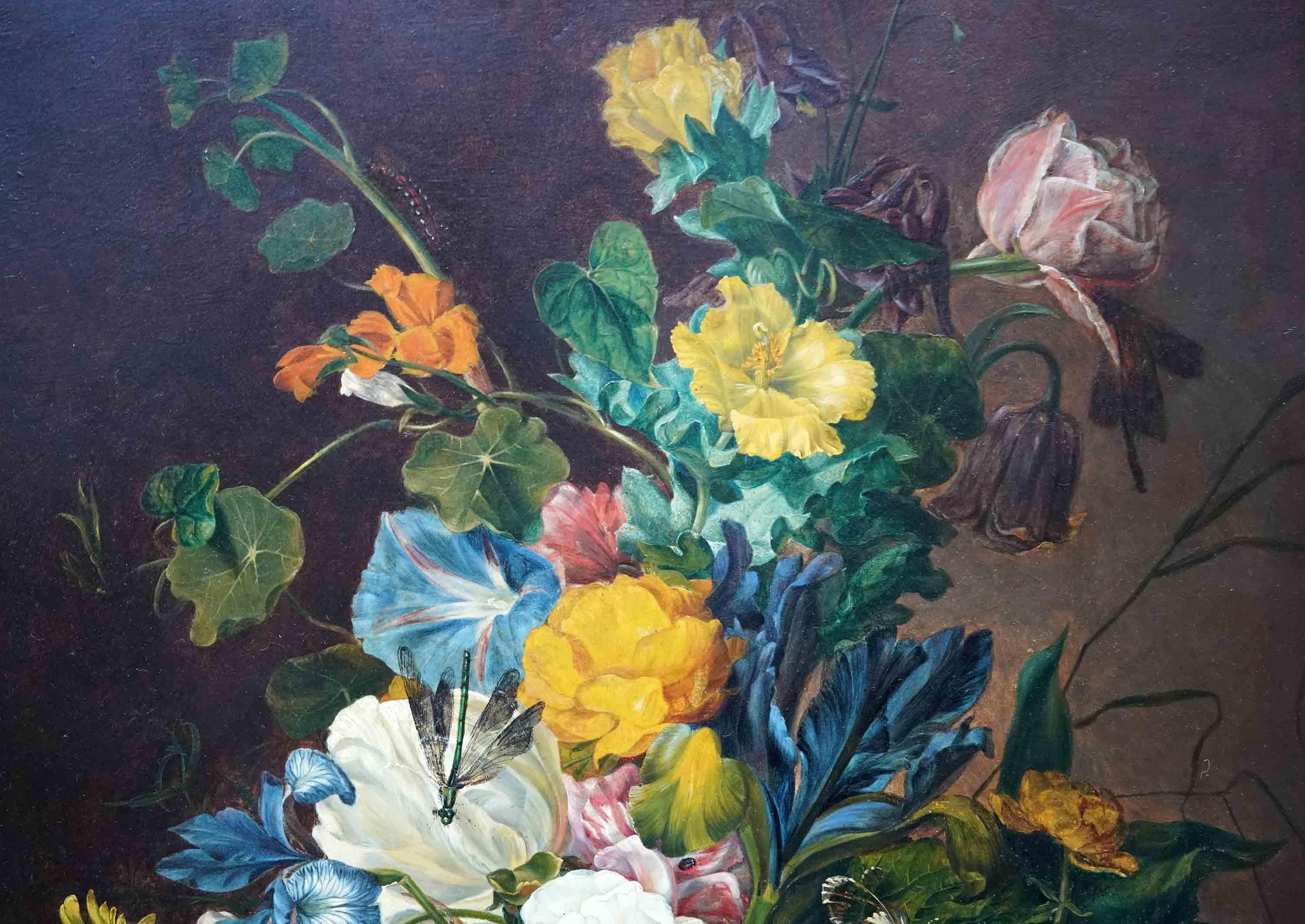 Still Life with Flowers on Marble Ledge - British 19th century art oil painting - Victorian Painting by Emily Stannard